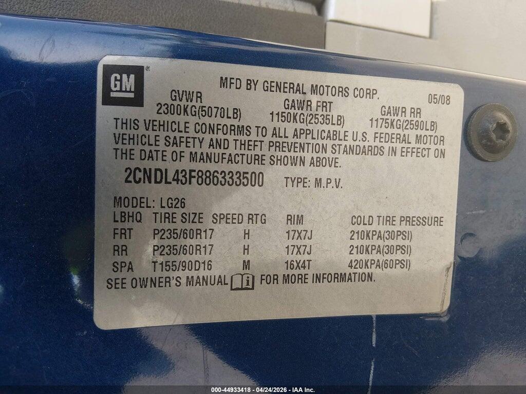 2CNDL43F886333500 2008 CHEVROLET EQUINOX photo no. 9