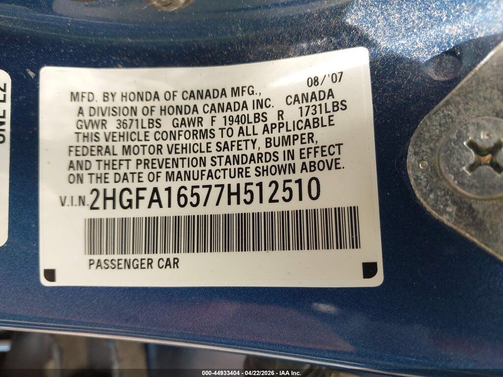 2HGFA16577H512510 2007 HONDA CIVIC photo no. 9