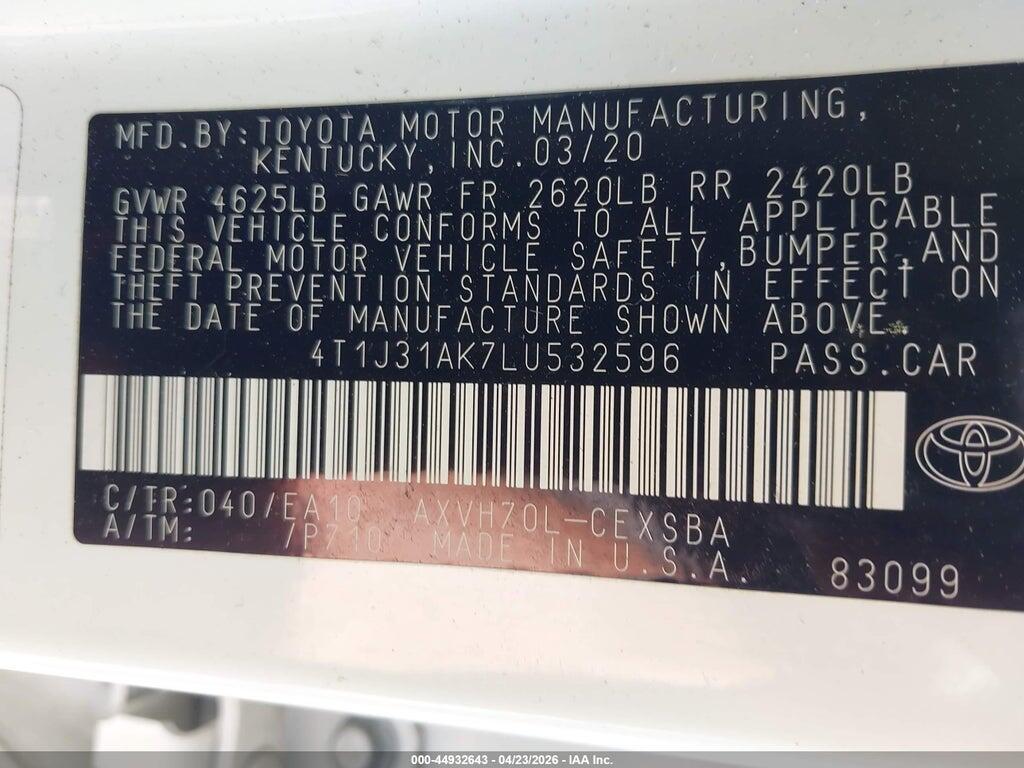 4T1J31AK7LU532596 2020 TOYOTA CAMRY photo no. 9