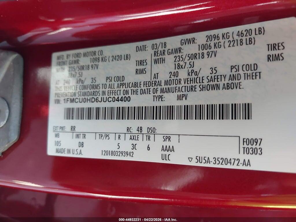 1FMCU0HD6JUC04400 2018 FORD ESCAPE photo no. 9