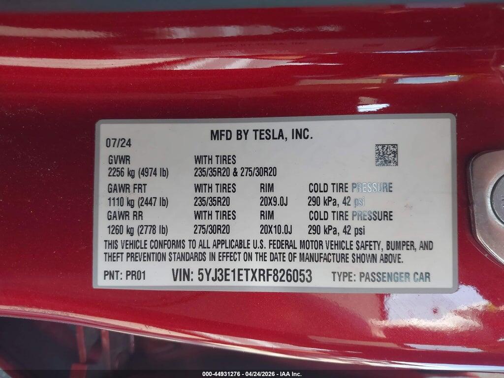 5YJ3E1ETXRF826053 2024 TESLA MODEL 3 photo no. 9