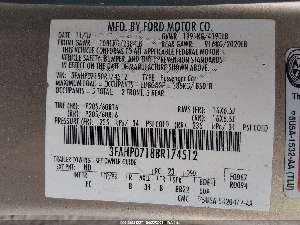 3FAHP07188R174512 2008 FORD FUSION photo no. 9