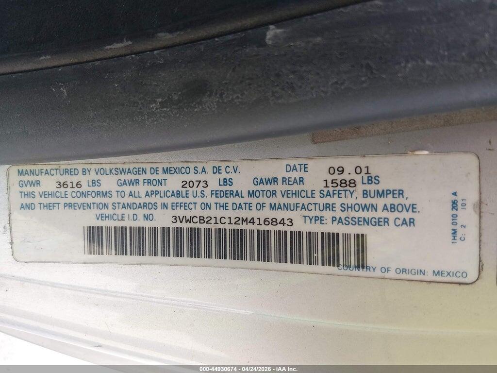 3VWCB21C12M416843 2002 VOLKSWAGEN NEW BEETLE photo no. 9