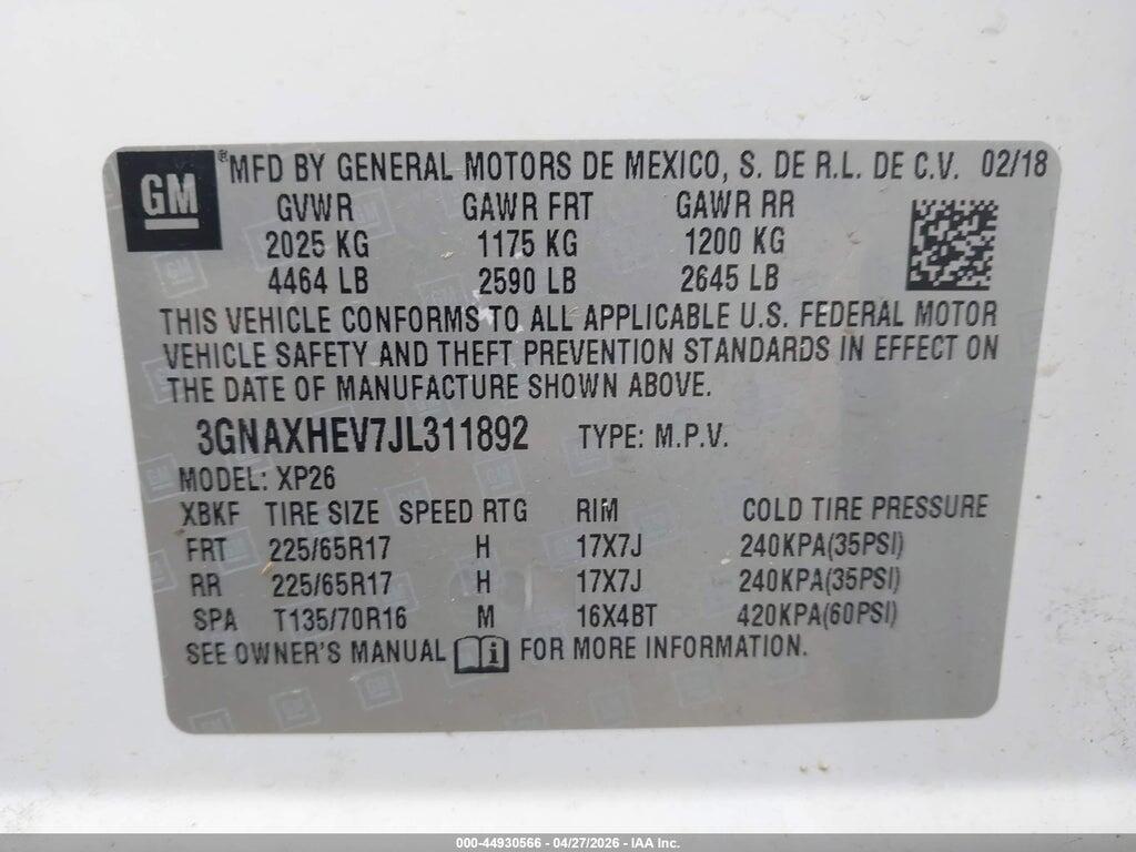 3GNAXHEV7JL311892 2018 CHEVROLET EQUINOX photo no. 9