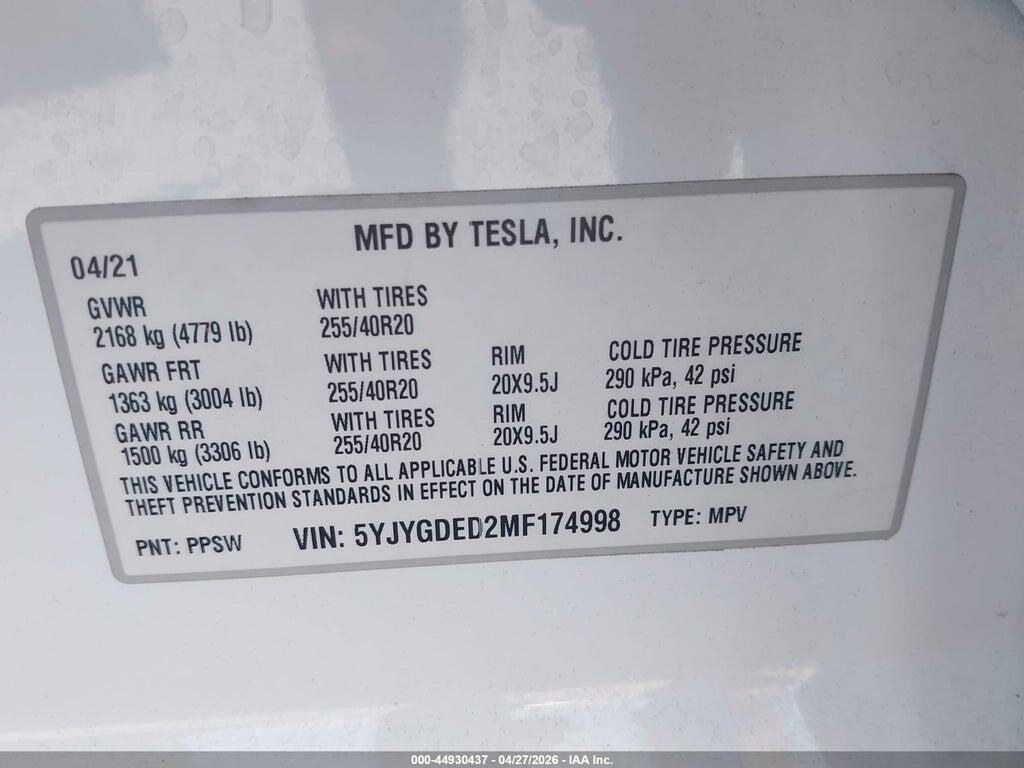 5YJYGDED2MF174998 2021 TESLA MODEL Y photo no. 9