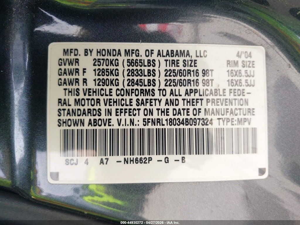 5FNRL18034B097324 2004 HONDA ODYSSEY photo no. 9