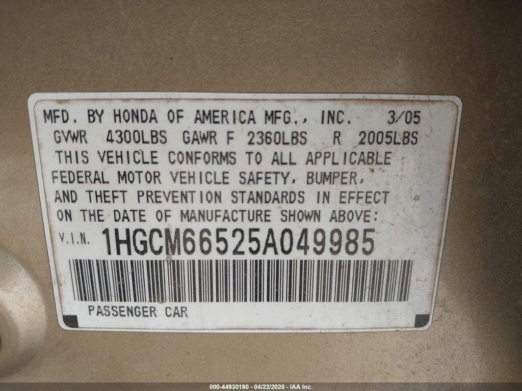 1HGCM66525A049985 2005 HONDA ACCORD photo no. 9
