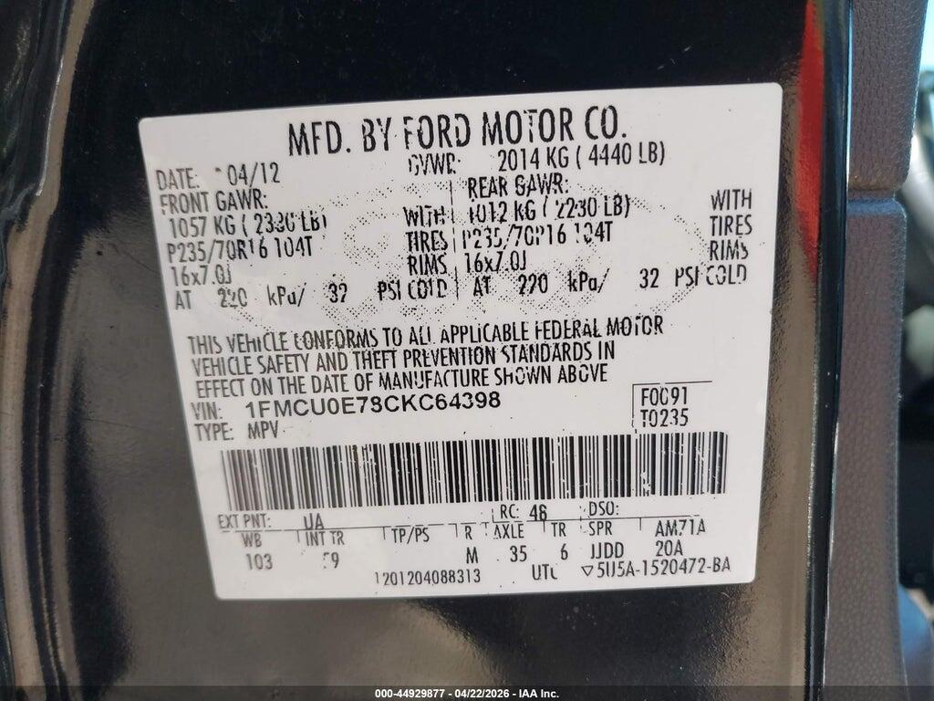 1FMCU0E78CKC64398 2012 FORD ESCAPE photo no. 9