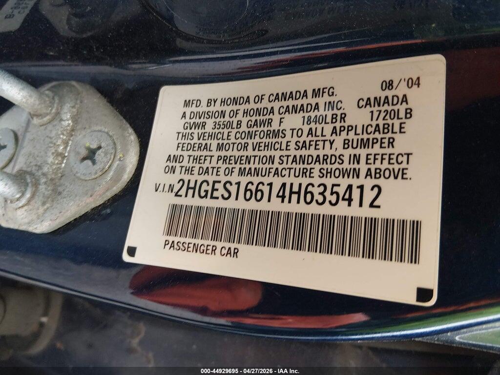 2HGES16614H635412 2004 HONDA CIVIC photo no. 9