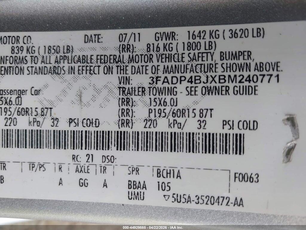 3FADP4BJXBM240771 2011 FORD FIESTA photo no. 9