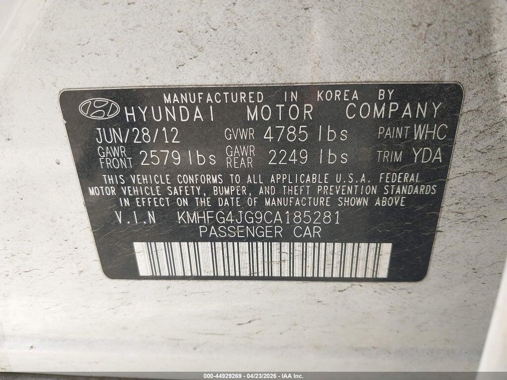 KMHFG4JG9CA185281 2012 HYUNDAI AZERA photo no. 9