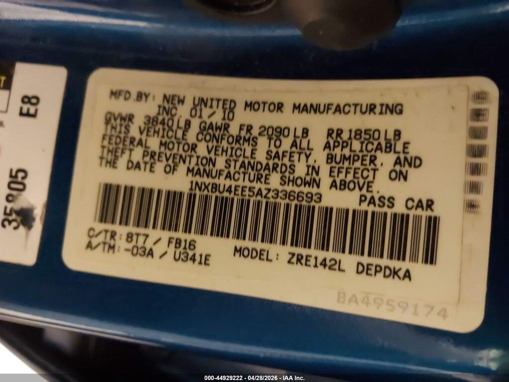 1NXBU4EE5AZ336693 2010 TOYOTA COROLLA photo no. 9