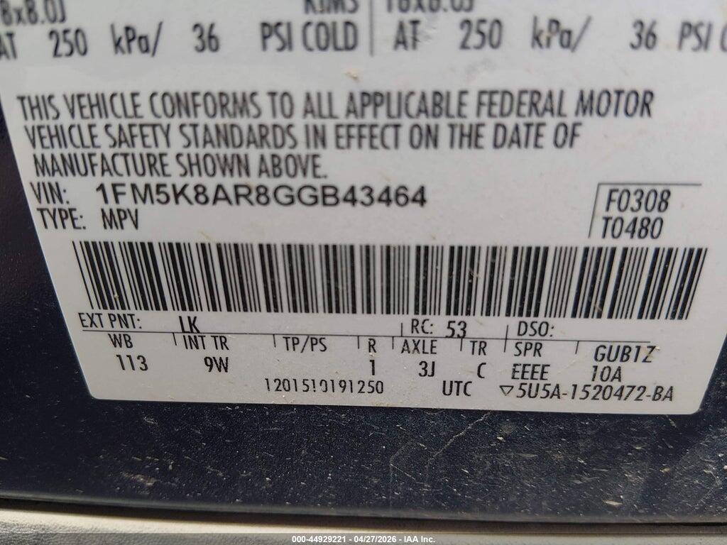1FM5K8AR8GGB43464 2016 FORD UTILITY POLICE INTERCEPTOR photo no. 9