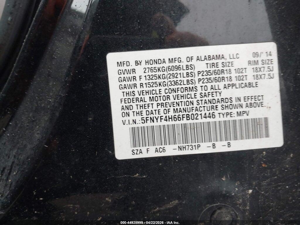 5FNYF4H66FB021446 2015 HONDA PILOT photo no. 9