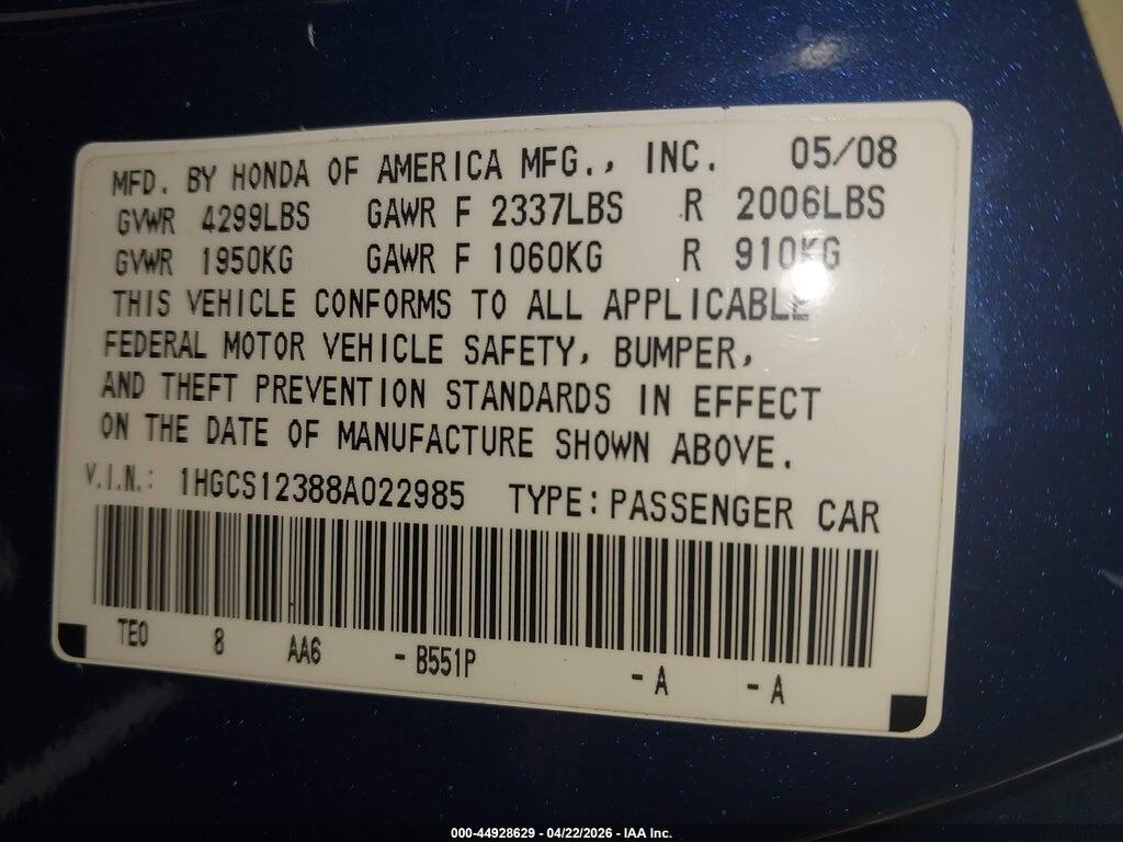 1HGCS12388A022985 2008 HONDA ACCORD photo no. 9