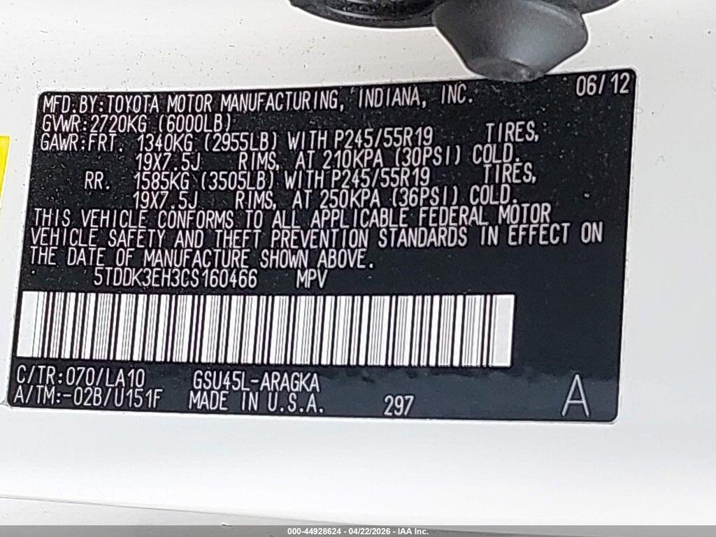 5TDDK3EH3CS160466 2012 TOYOTA HIGHLANDER photo no. 9