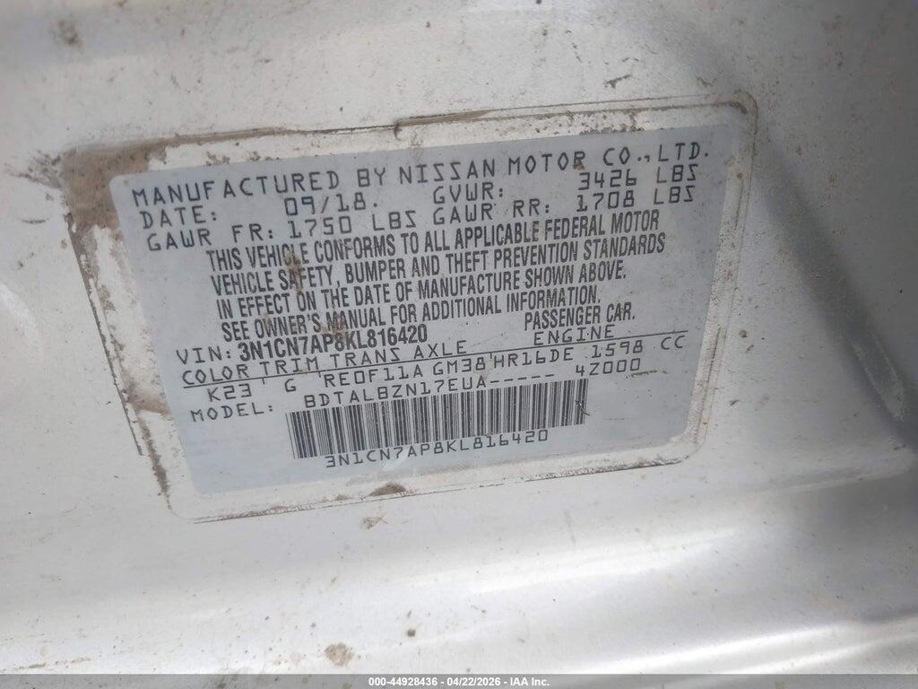 3N1CN7AP8KL816420 2019 NISSAN VERSA photo no. 9