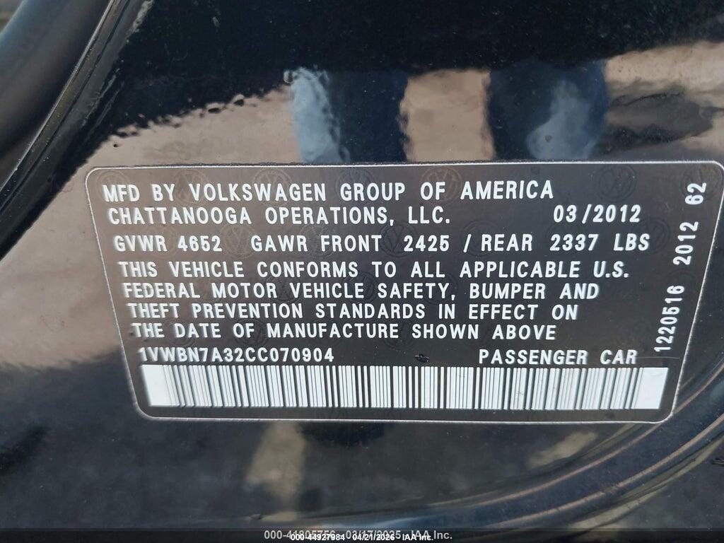 1VWBN7A32CC070904 2012 VOLKSWAGEN PASSAT photo no. 9