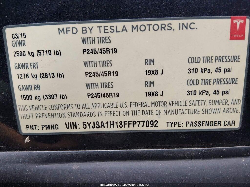 5YJSA1H18FFP77092 2015 TESLA MODEL S photo no. 9