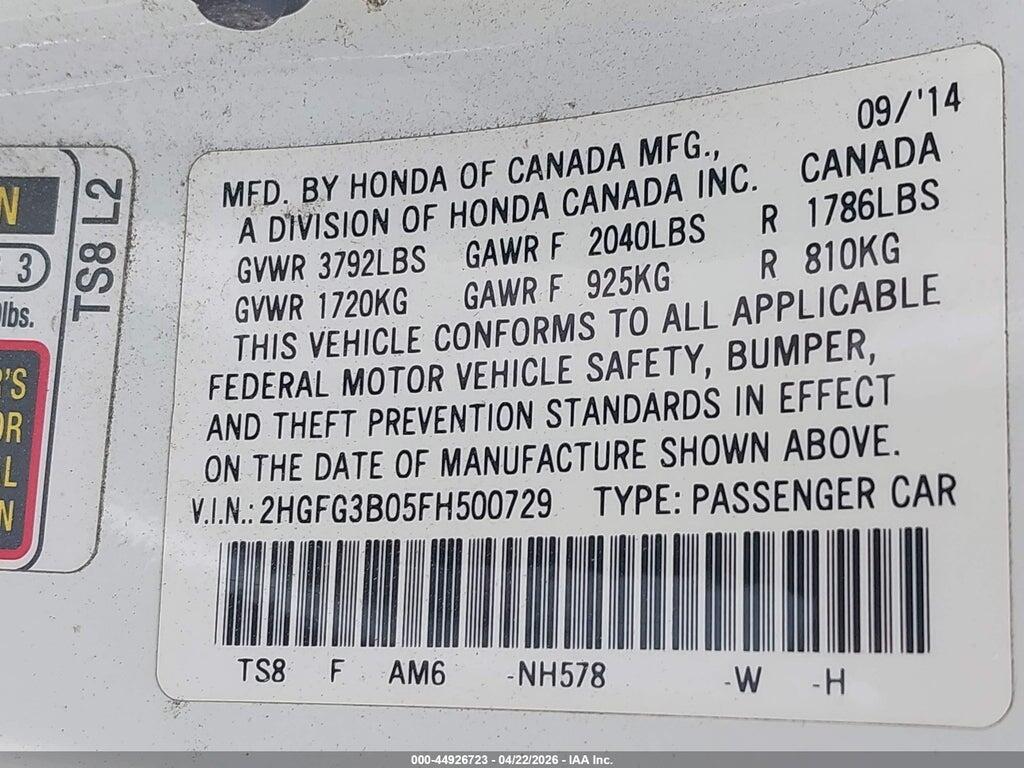 2HGFG3B05FH500729 2015 HONDA CIVIC photo no. 9