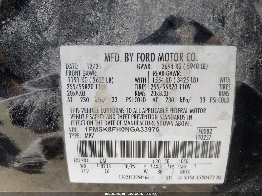 1FMSK8FH0NGA33976 2022 FORD EXPLORER photo no. 9