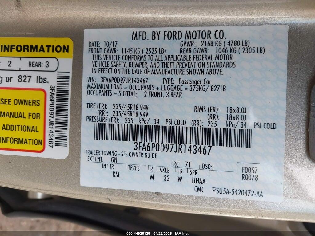3FA6P0D97JR143467 2018 FORD FUSION photo no. 9