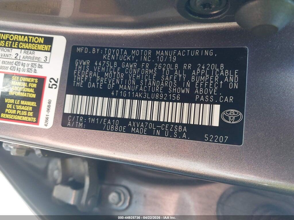4T1G11AK3LU892156 2020 TOYOTA CAMRY photo no. 9