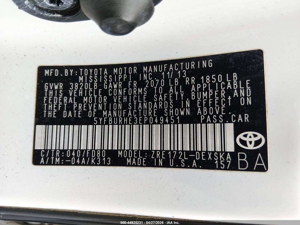 5YFBURHE3EP049451 2014 TOYOTA COROLLA photo no. 9