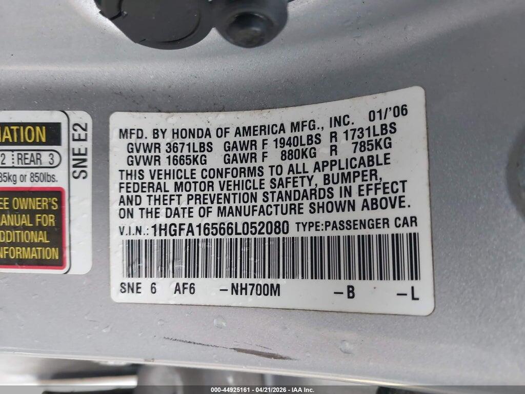 1HGFA16566L052080 2006 HONDA CIVIC photo no. 9