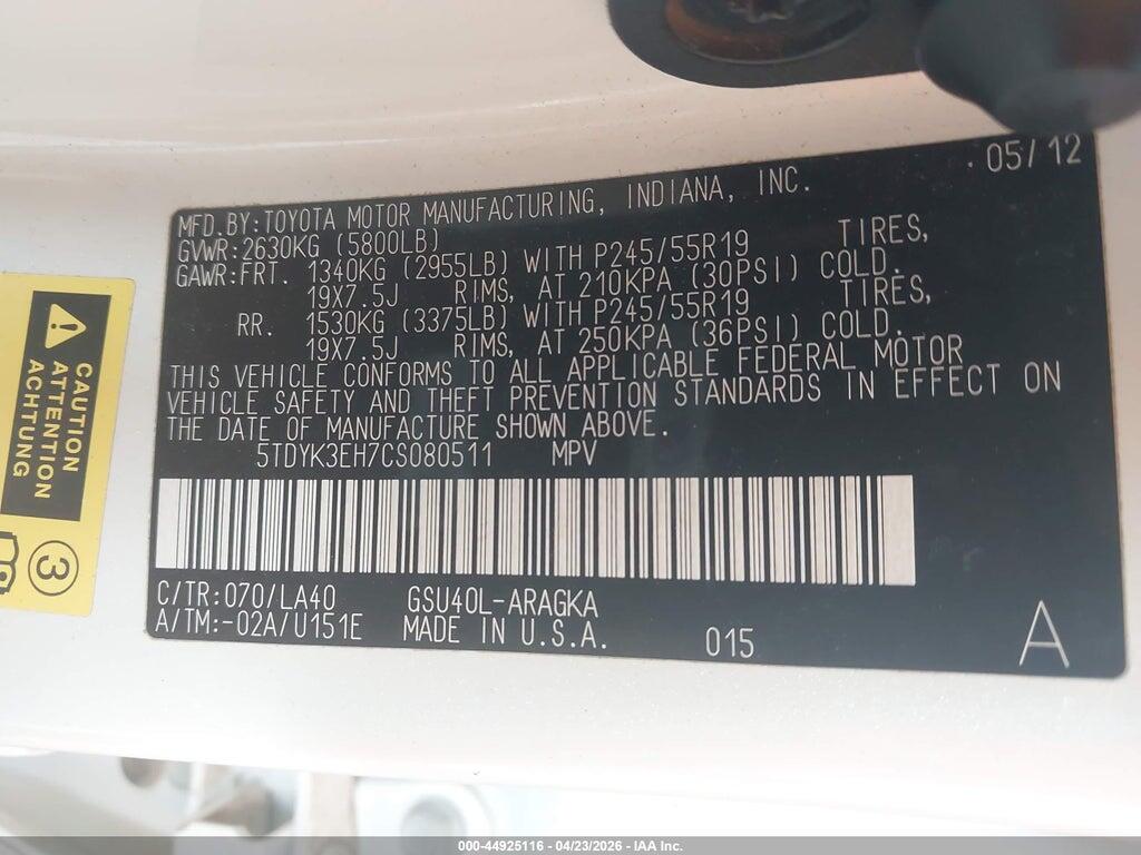 5TDYK3EH7CS080511 2012 TOYOTA HIGHLANDER photo no. 9