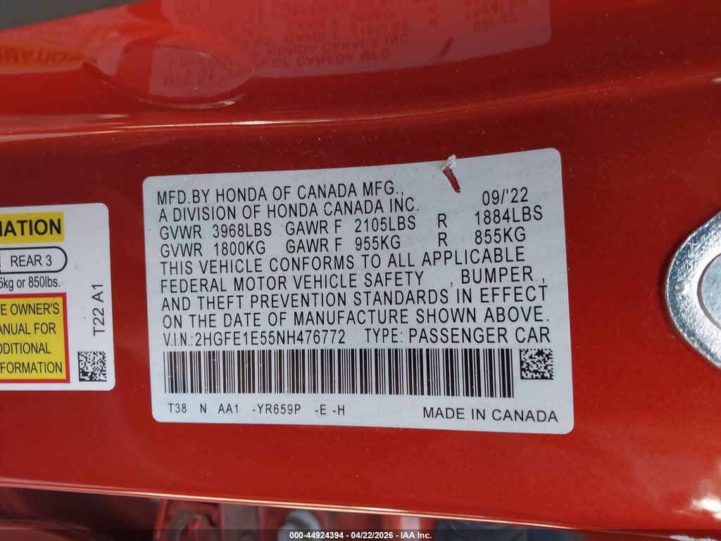 2HGFE1E55NH476772 2022 HONDA CIVIC SI photo no. 9