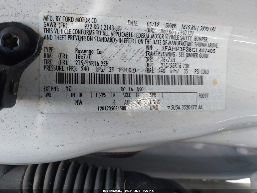 1FAHP3F28CL407405 2012 FORD FOCUS photo no. 9