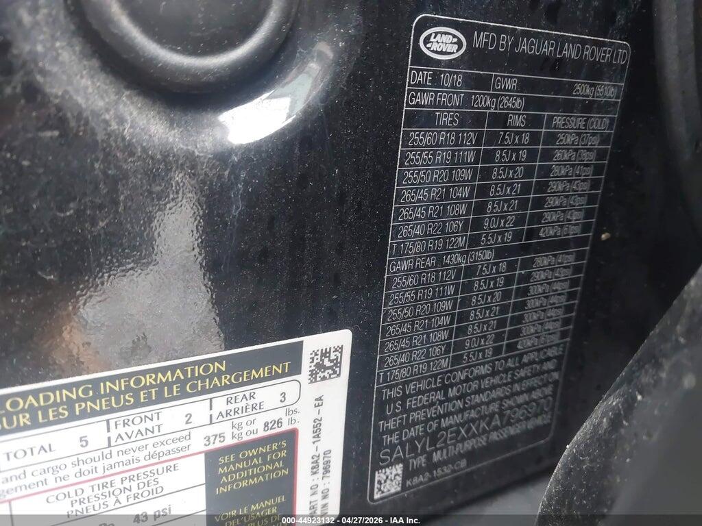 SALYL2EXXKA796970 2019 LAND ROVER RANGE ROVER VELAR photo no. 9