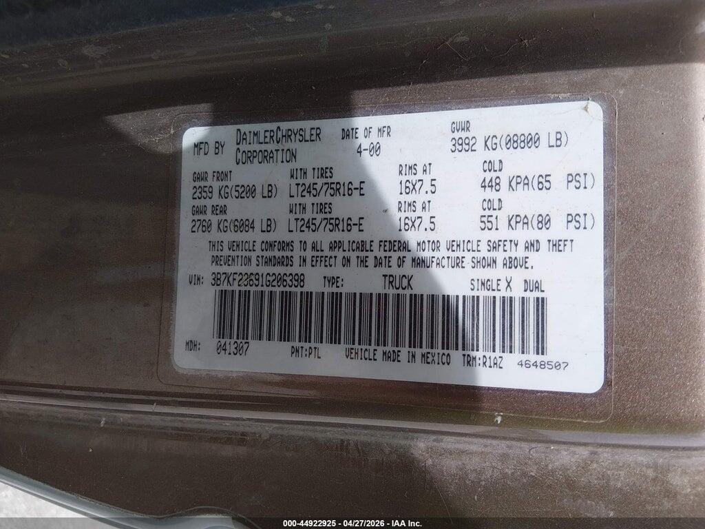 3B7KF23691G206398 2001 DODGE RAM 2500 photo no. 9