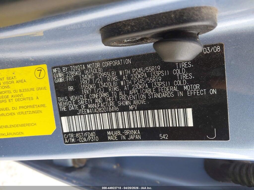 JTEEW41A282018496 2008 TOYOTA HIGHLANDER HYBRID photo no. 9