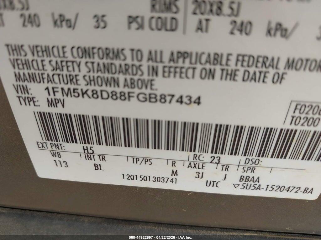 1FM5K8D88FGB87434 2015 FORD EXPLORER photo no. 9