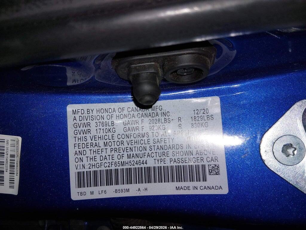 2HGFC2F65MH524644 2021 HONDA CIVIC photo no. 9