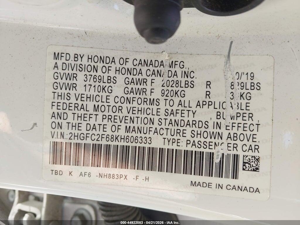 2HGFC2F68KH606333 2019 HONDA CIVIC photo no. 9