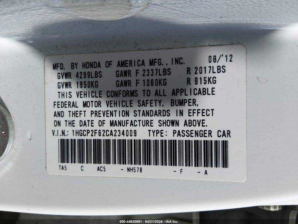 1HGCP2F62CA234009 2012 HONDA ACCORD photo no. 9