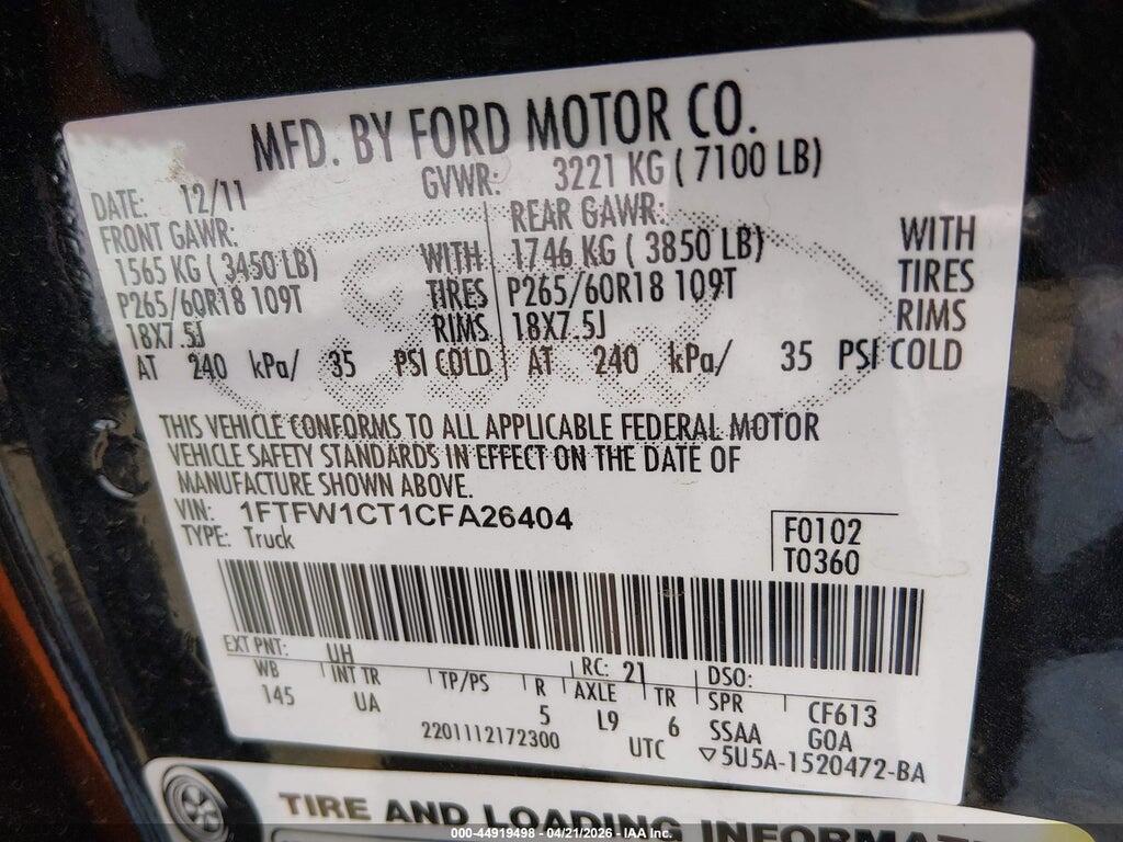 1FTFW1CT1CFA26404 2012 FORD F-150 photo no. 9