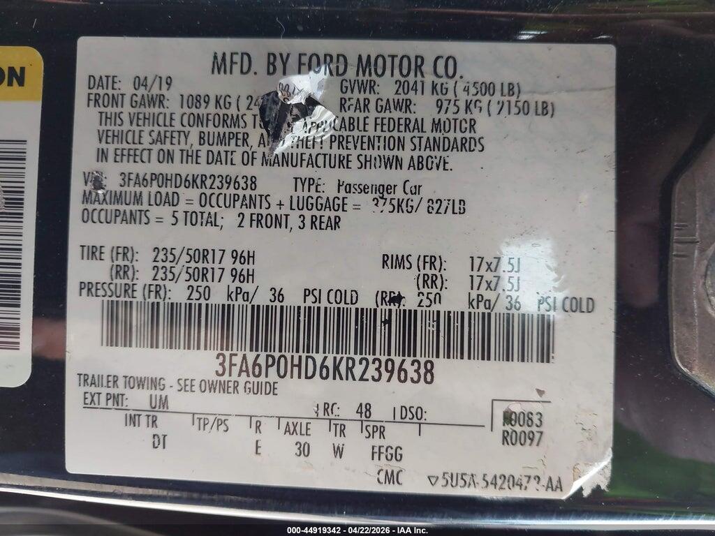 3FA6P0HD6KR239638 2019 FORD FUSION photo no. 9