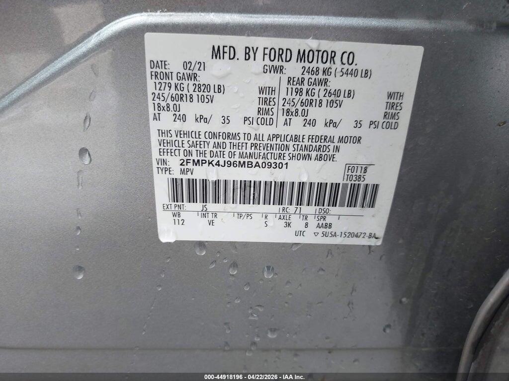 2FMPK4J96MBA09301 2021 FORD EDGE photo no. 9