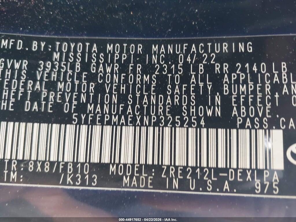 5YFEPMAEXNP325254 2022 TOYOTA COROLLA photo no. 9