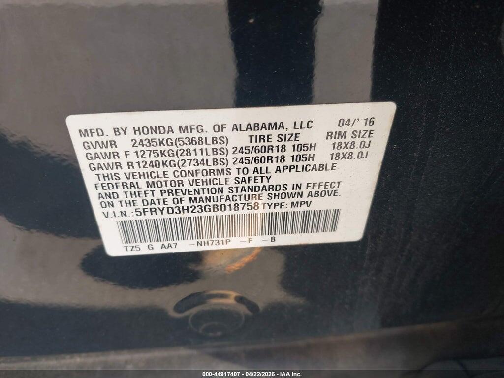 5FRYD3H23GB018758 2016 ACURA MDX photo no. 9