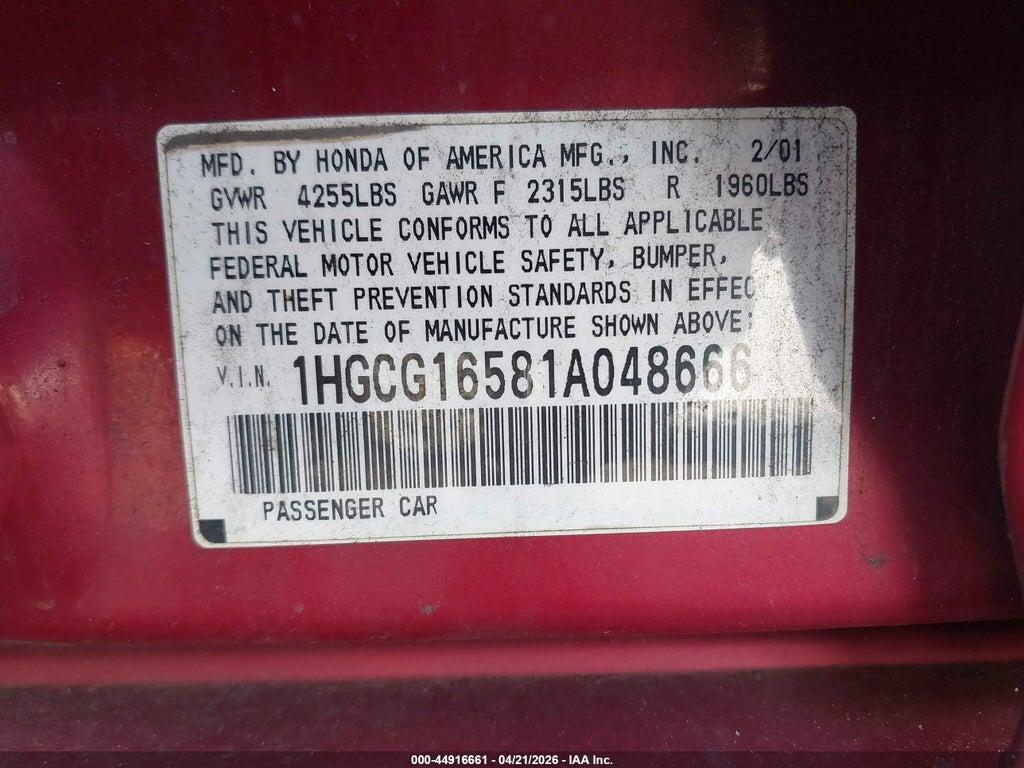 1HGCG16581A048666 2001 HONDA ACCORD photo no. 9