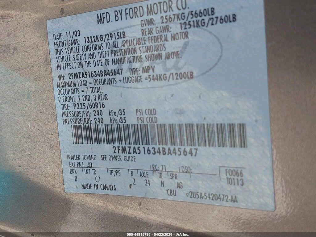 2FMZA51634BA45647 2004 FORD FREESTAR photo no. 9