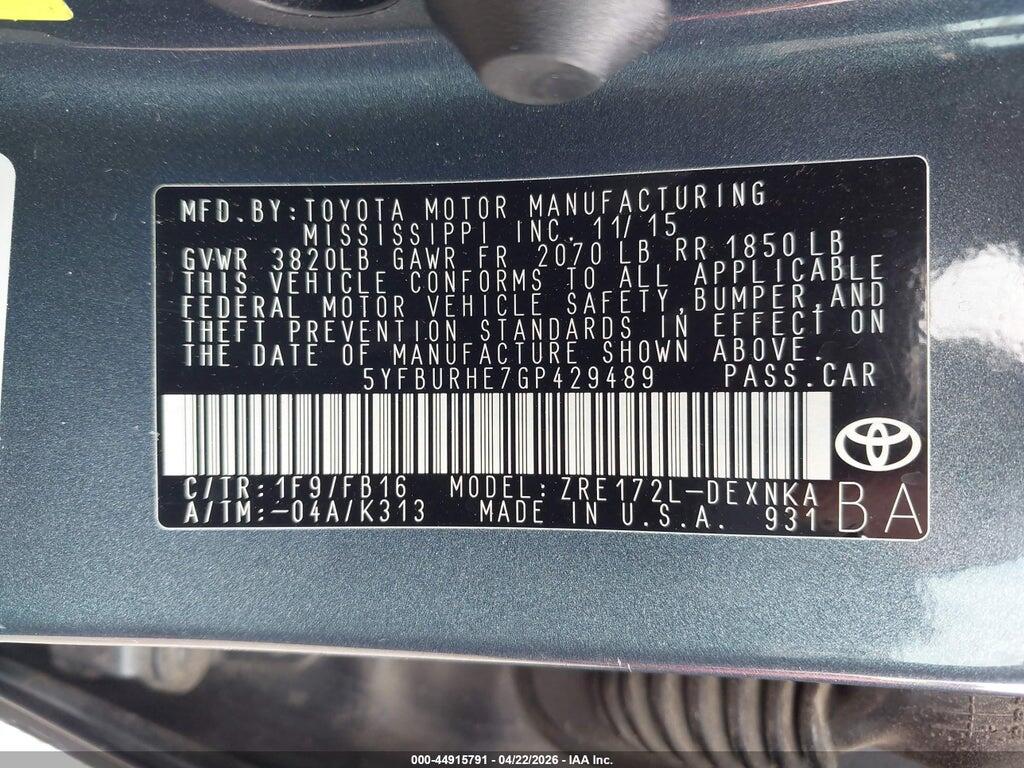 5YFBURHE7GP429489 2016 TOYOTA COROLLA photo no. 9