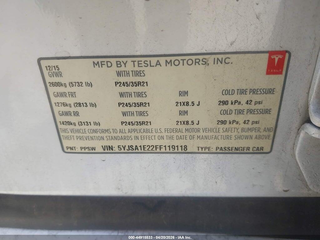 5YJSA1E22FF119118 2015 TESLA MODEL S photo no. 9