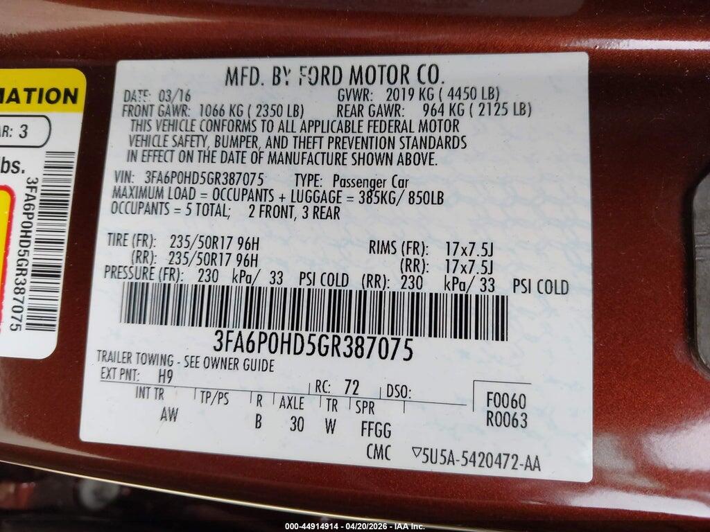 3FA6P0HD5GR387075 2016 FORD FUSION photo no. 9
