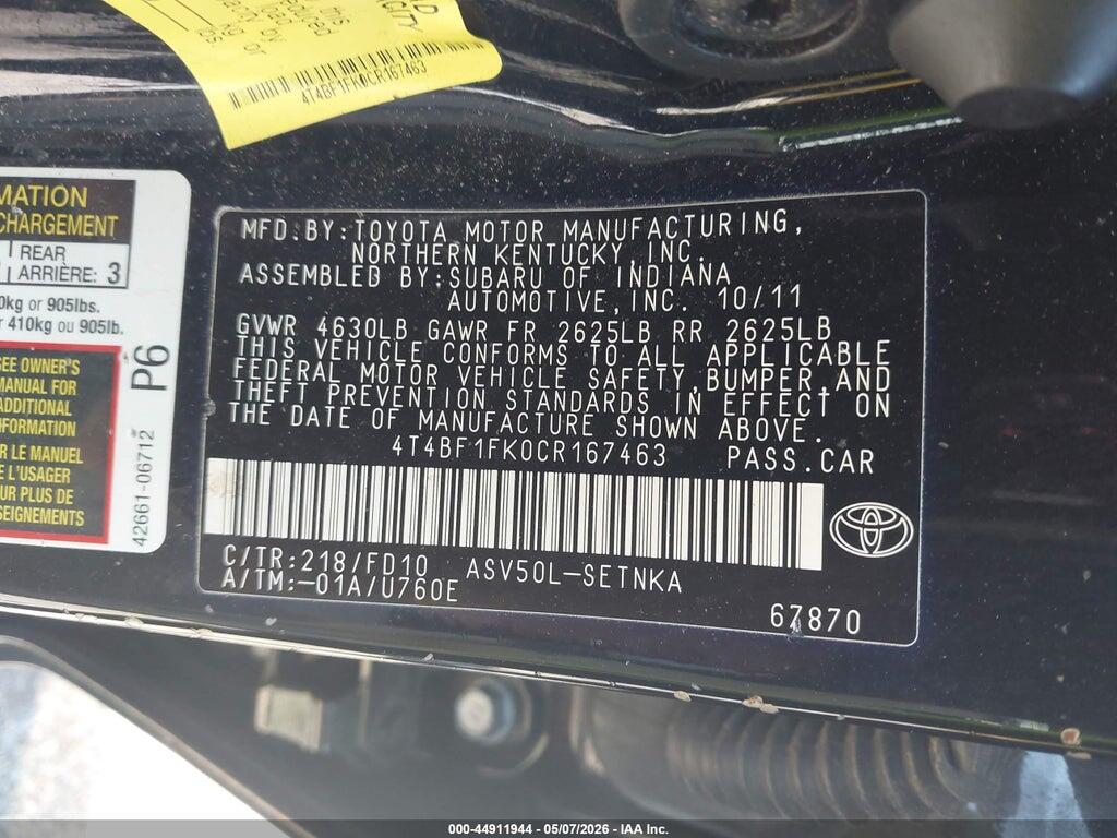 4T4BF1FK0CR167463 2012 TOYOTA CAMRY photo no. 9